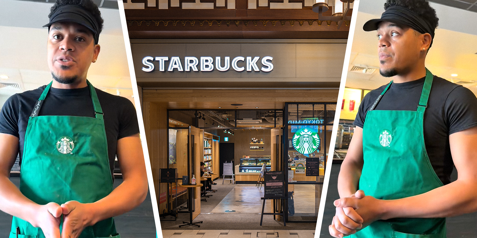 Starbucks employee with hands together speaking to customer on left and right. Starbucks storefront in center.