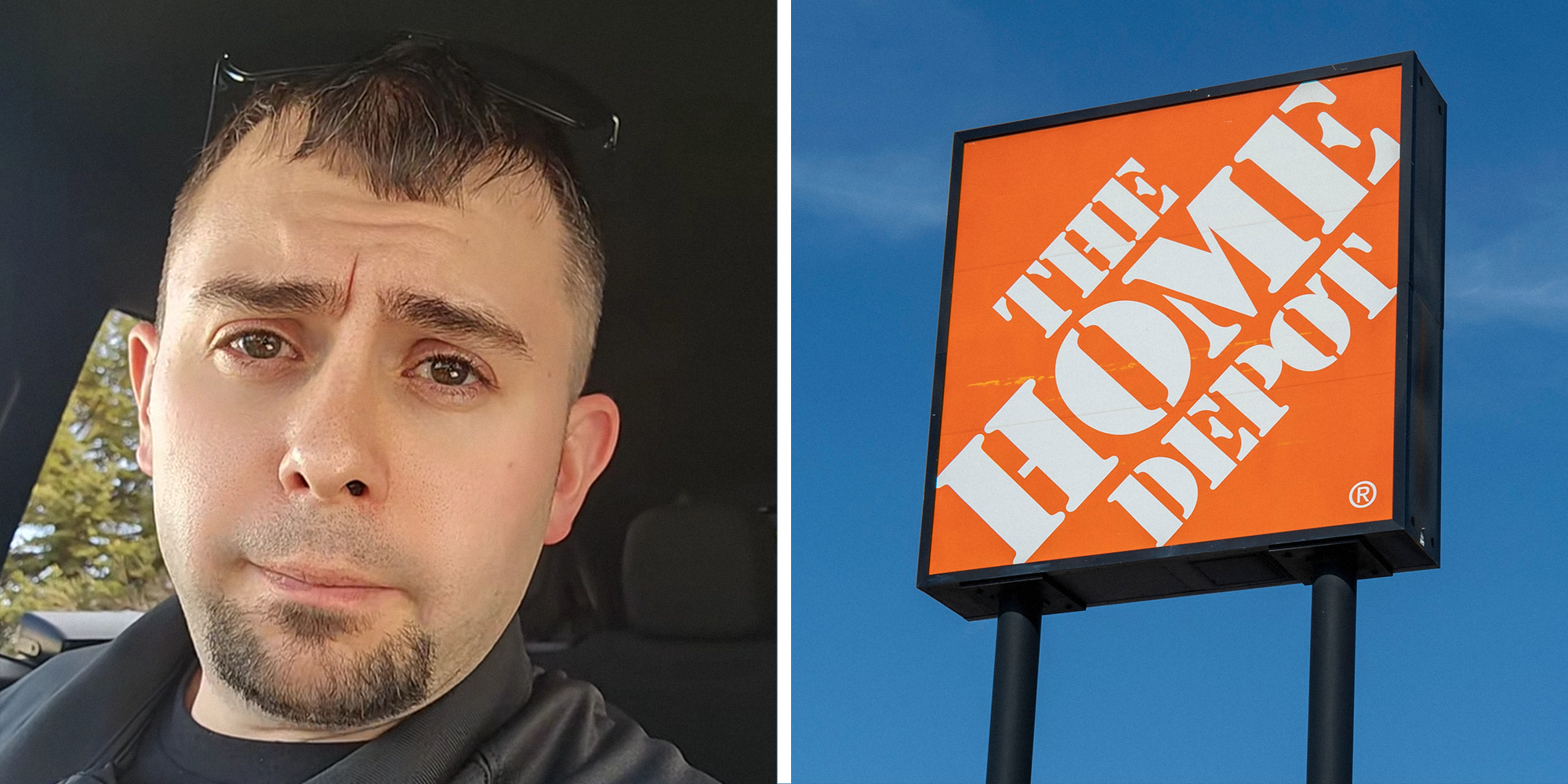 Split image. Man sitting in his car looking upset on left. Home Depot sign on right.