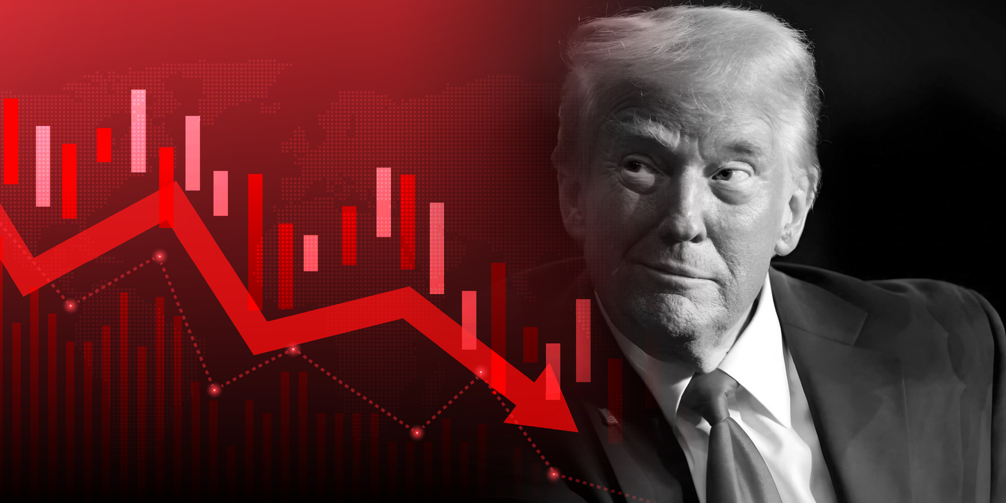 photo collage of a descending stock line and a smirking Donald Trump.