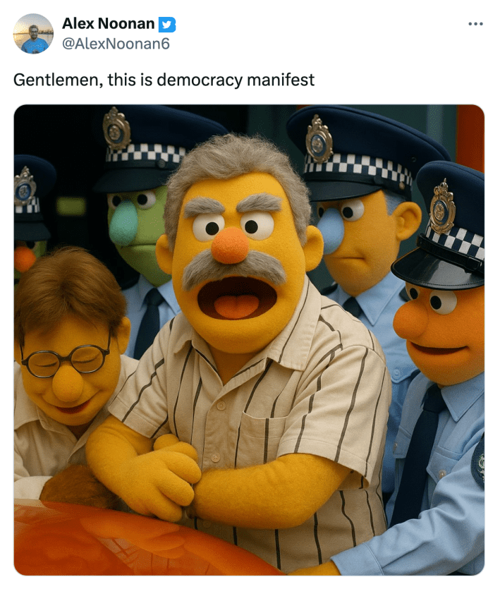 "Gentlemen, this is democracy manifest" meme AI-generated to be Sesame Street muppets.