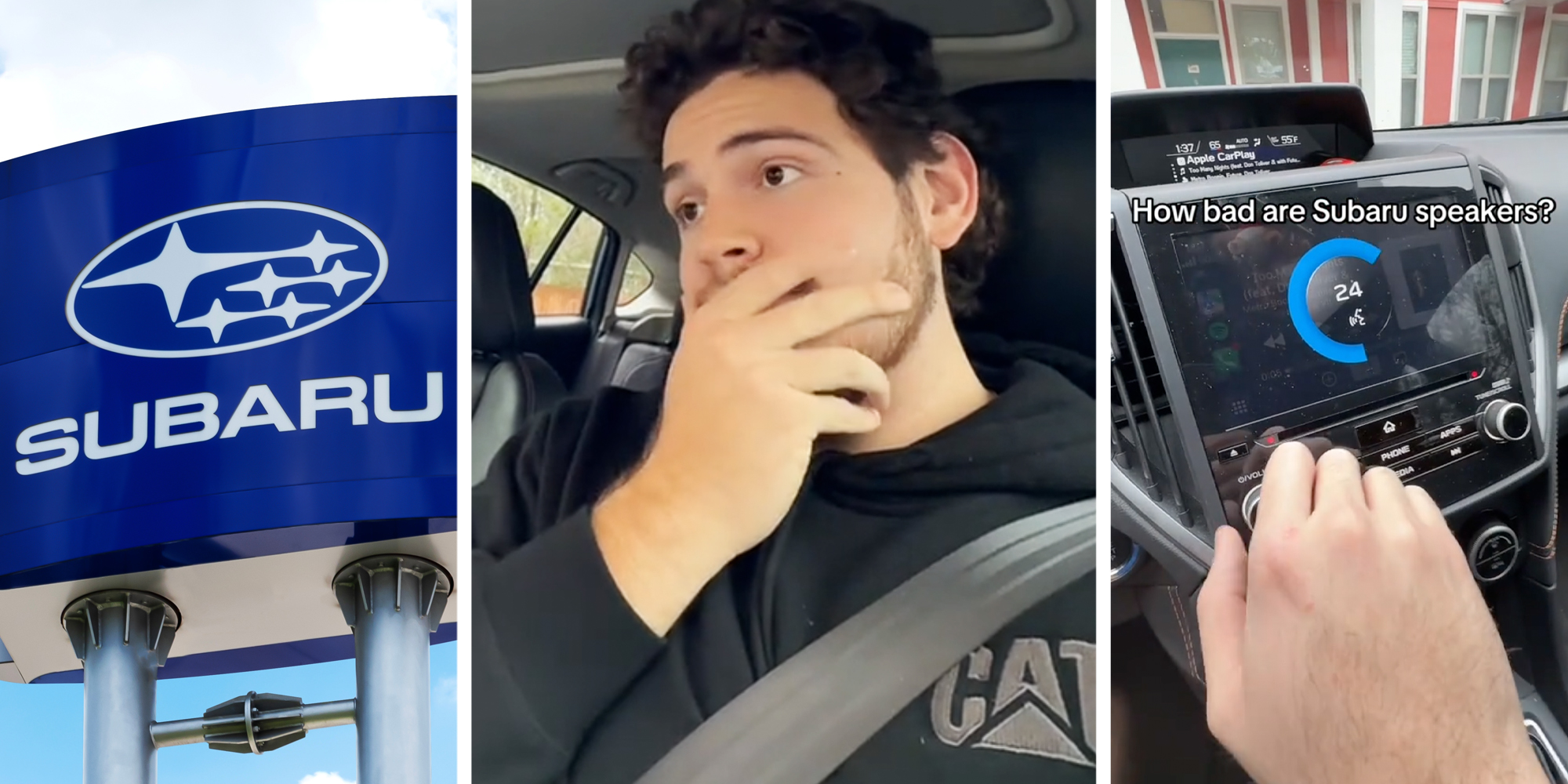 Subaru sign(l), Man with hand over mouth(c), Hand on speaker with text "how bad are subaru speakers"(r)