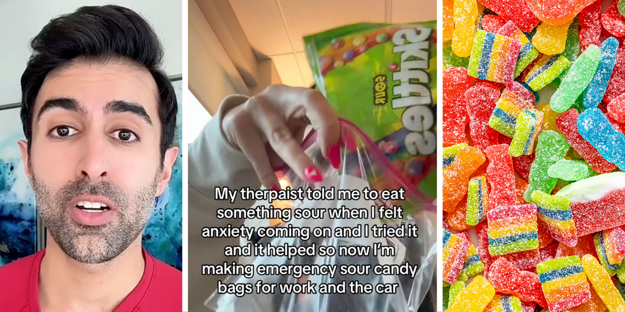 Screenshot of Tiktok user @doctorsood; Screenshot from Tiktok user @_legallybrunette1 with the caption "My therapist told me to eat something sour when I felt anxiety coming on and I tried it and It helped so now I'm making emergency sour candy bags for work and the car."; Photo of a pile of sour candy.