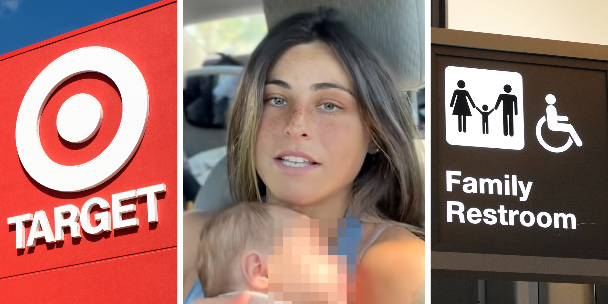 Target sign(l), Woman talking(c), Family restroom sign(r)