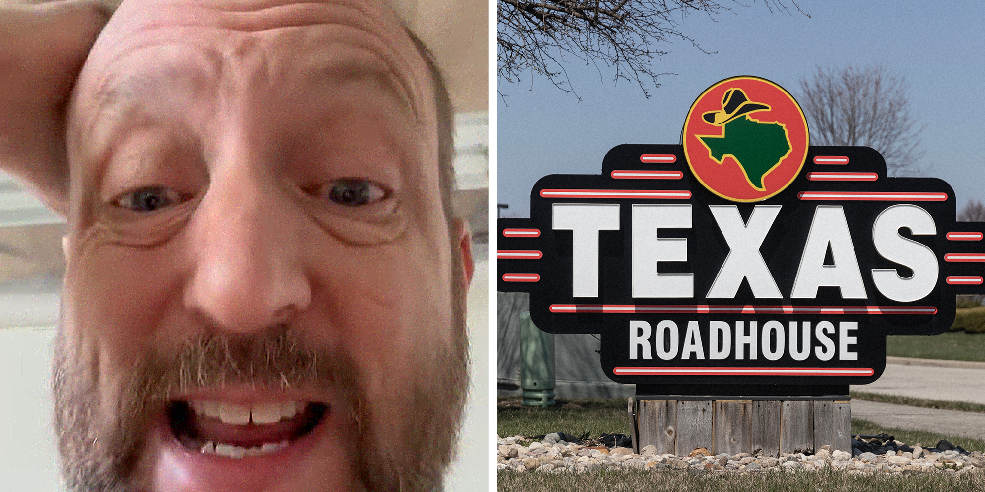 Disappointed looking man with hand on his head on left. Texas Roadhouse logo on right.