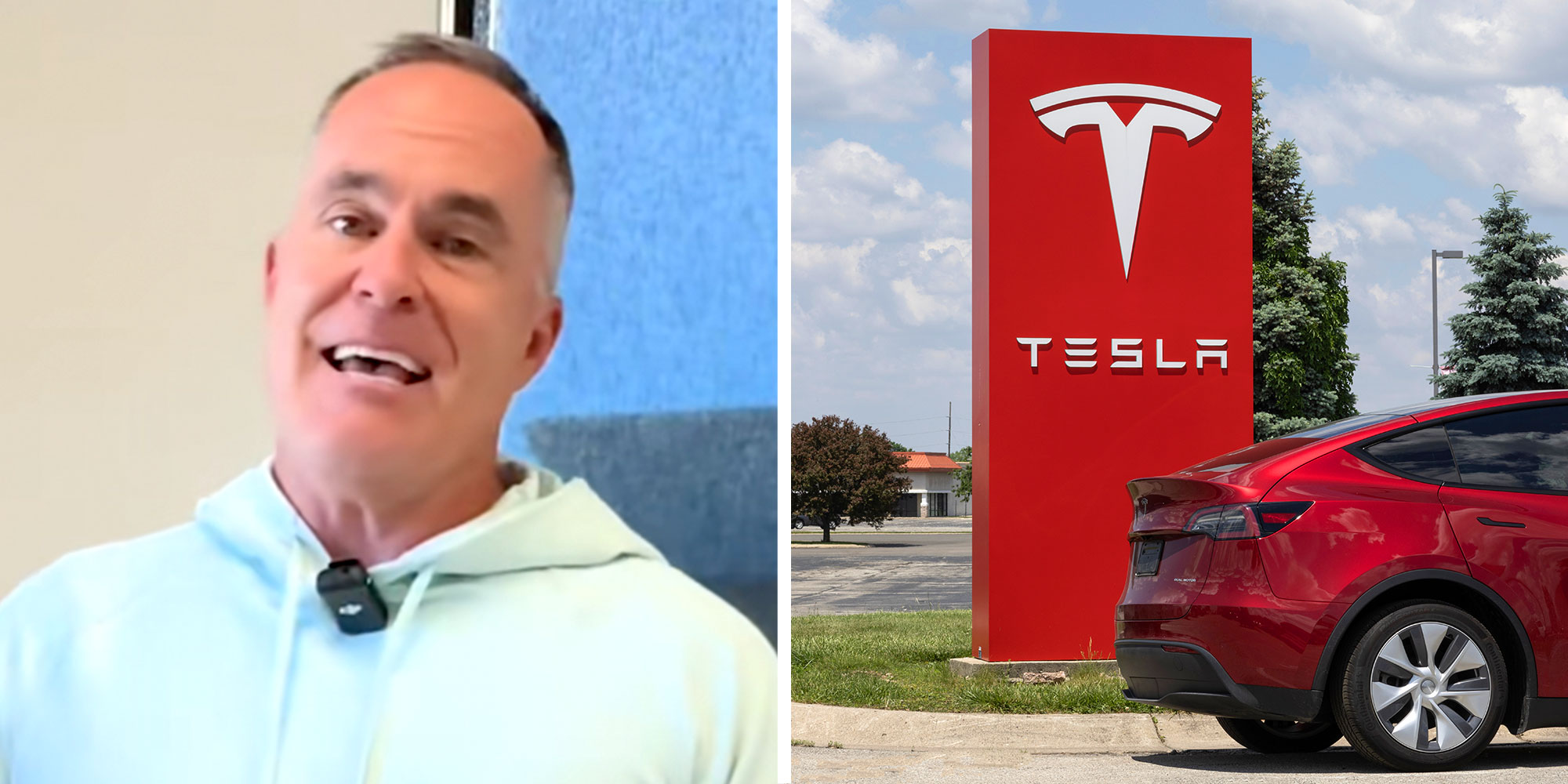 Screenshot of Tiktok user @evautoalex; Photo of a Tesla and a Tesla dealership sign.