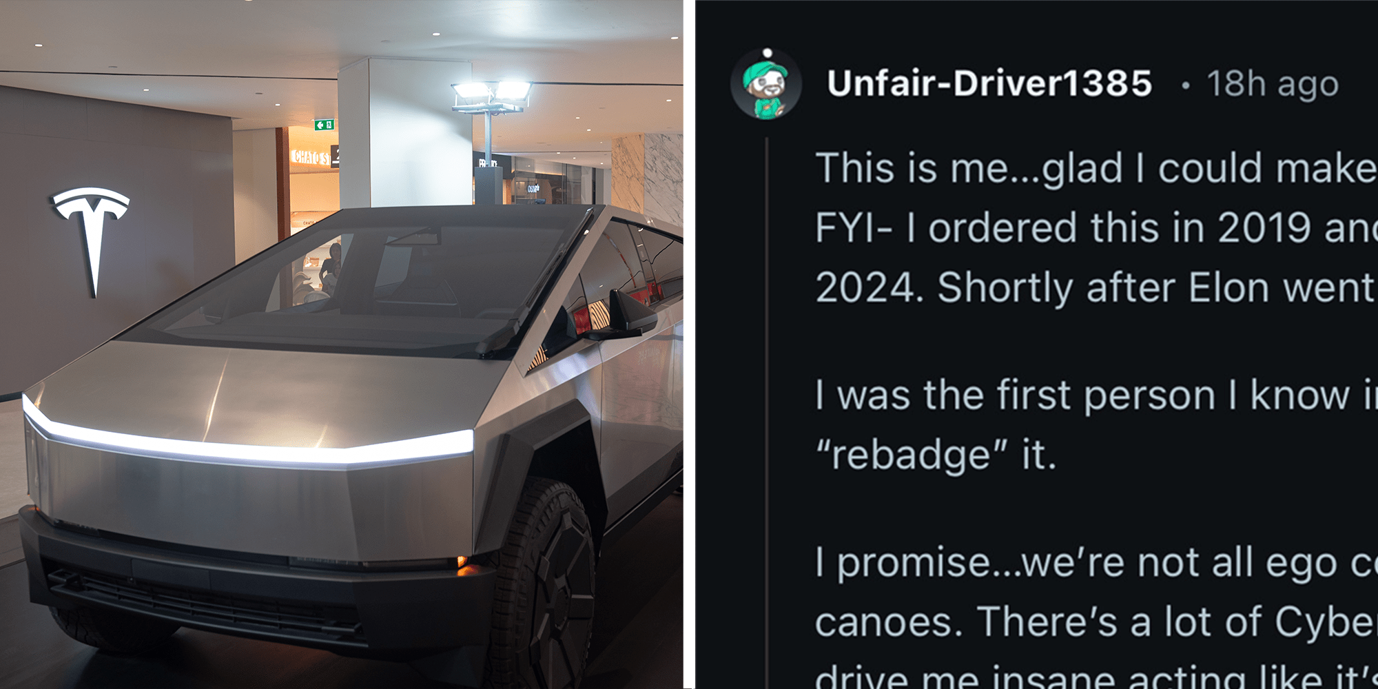 Split image. Tesla cybertruck in showroom on left. Sneak peek of Reddit response on right.