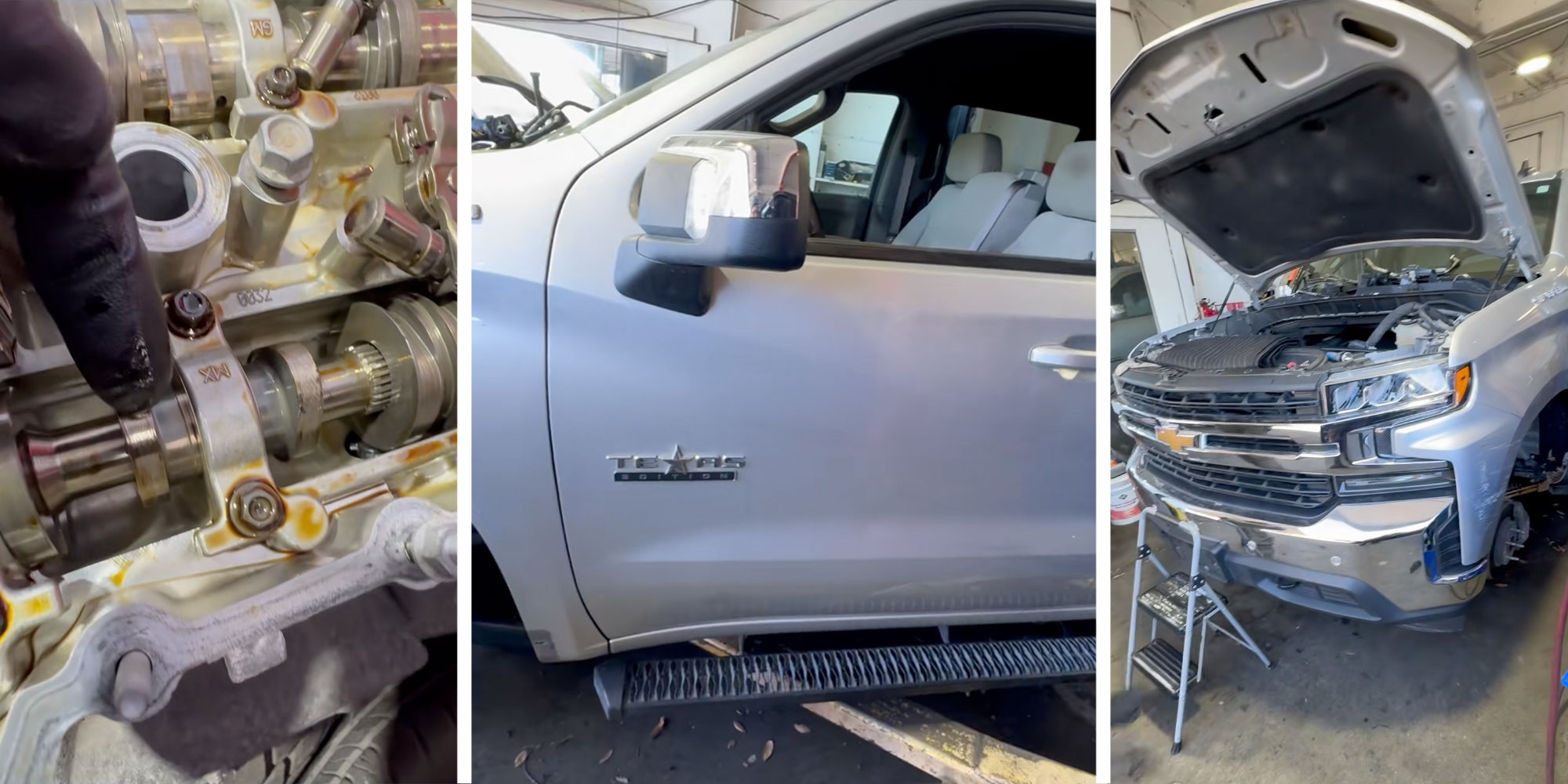 Screenshots from Tiktok user @victorshack of the engine, side and under the hood of a Texas Edition Chevy Silverado.