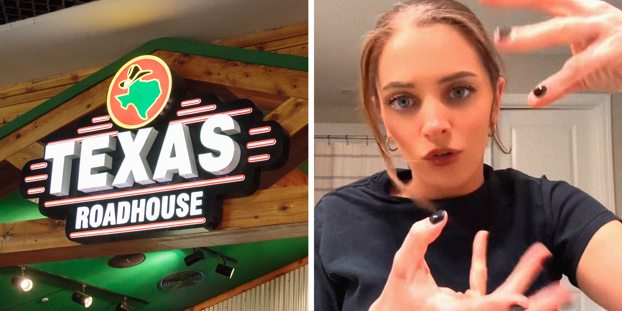 2 panel image: the Texas Roadhouse sign and a person explaining.