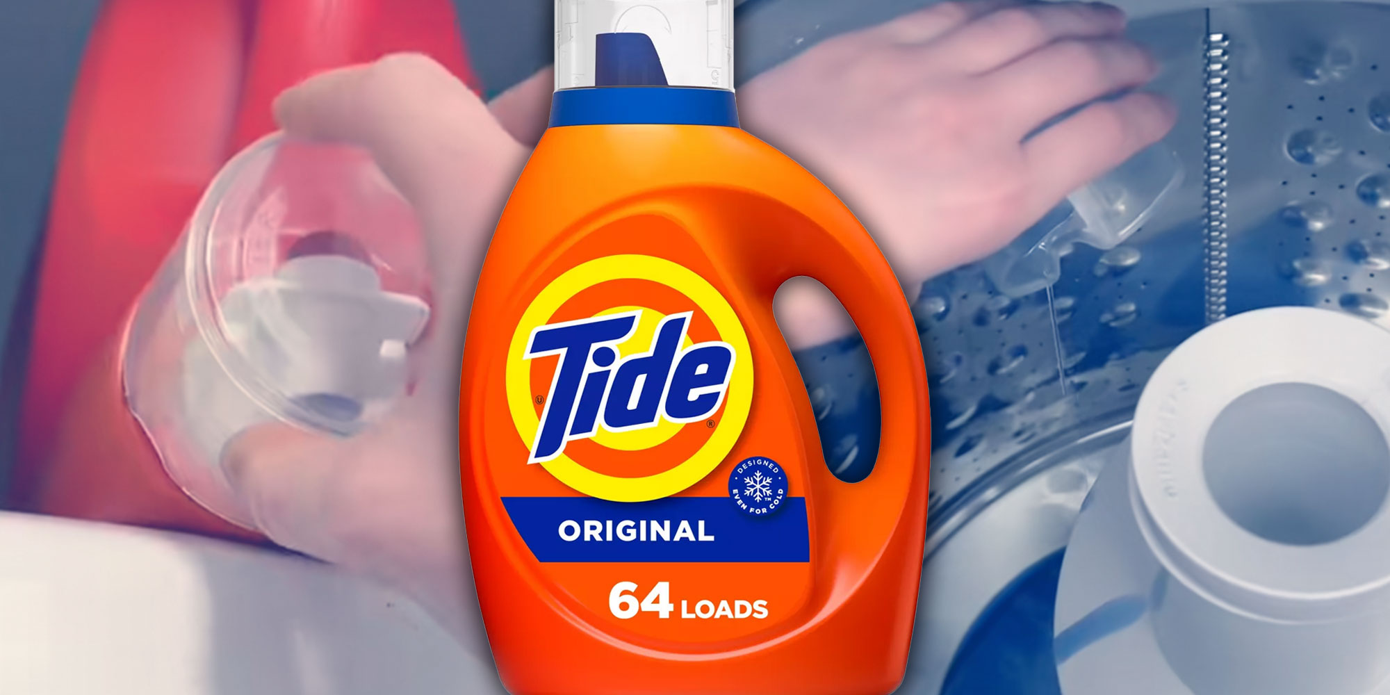 Screenshots of Tiktok user @aames14 opening and pouring a cap of Tide Detergent; A photo of Tide original detergent.