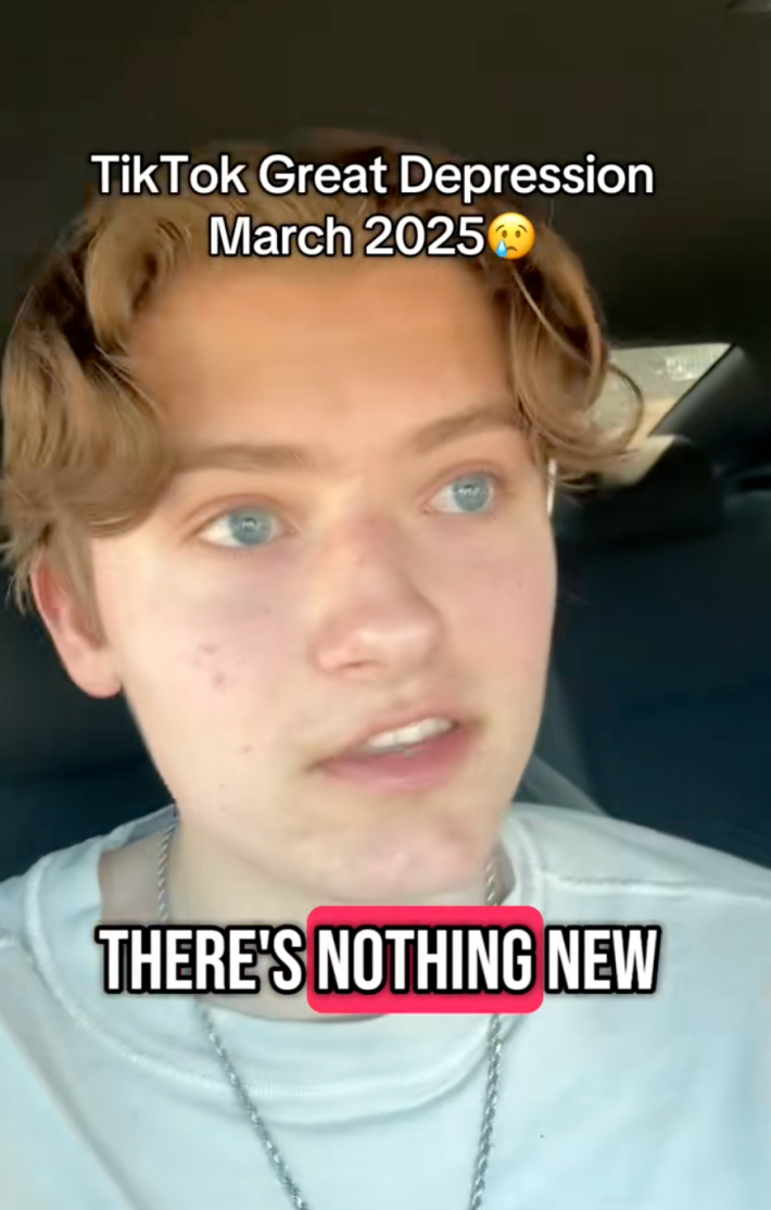 Screenshot of a blonde young man with text overlay reading "TikTok Great Depression March 2025"