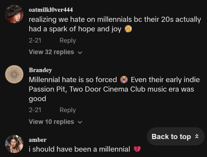 TikTok comments including one reading "realizing we hate on millennials bc their 20s actually had a spark of hope and joy."