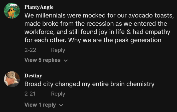 TikTok comments including one reading ""We millennials were mocked for our avocado toasts, made broke from the recession as we entered the workforce, and still found joy in life & had empathy for each other. Why we are the peak generation."