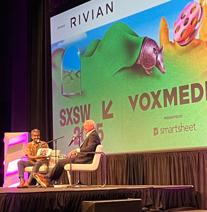 Minnesota Gov. Tim Walz speaking to Vox’s Today, Explained host Sean Rameswaram at the SXSW festival in Austin on Saturday, March 8, 2025