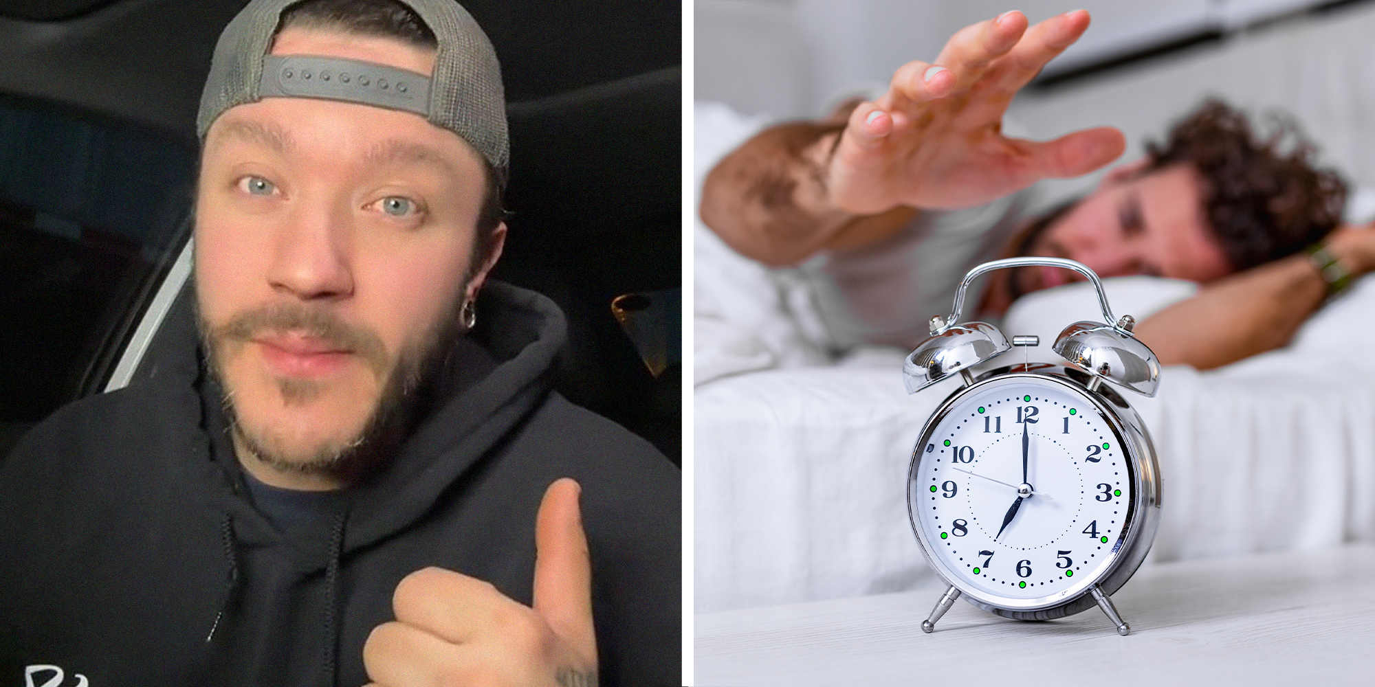 man shares best time to leave the house(l) Man turning off alarm clock while in bed(r)