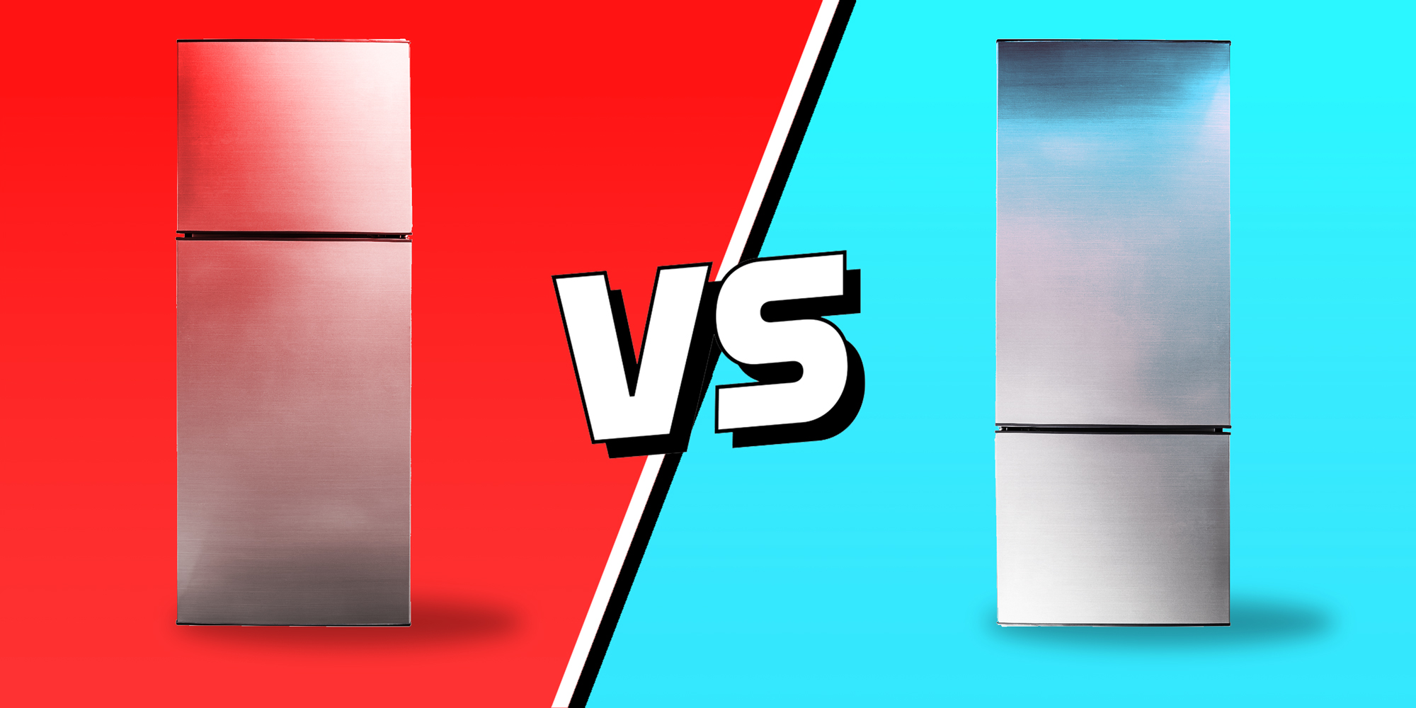 2 panel image with two refrigerators, one with freezer on top and the other with freezer on the bottom. Text over: Versus.