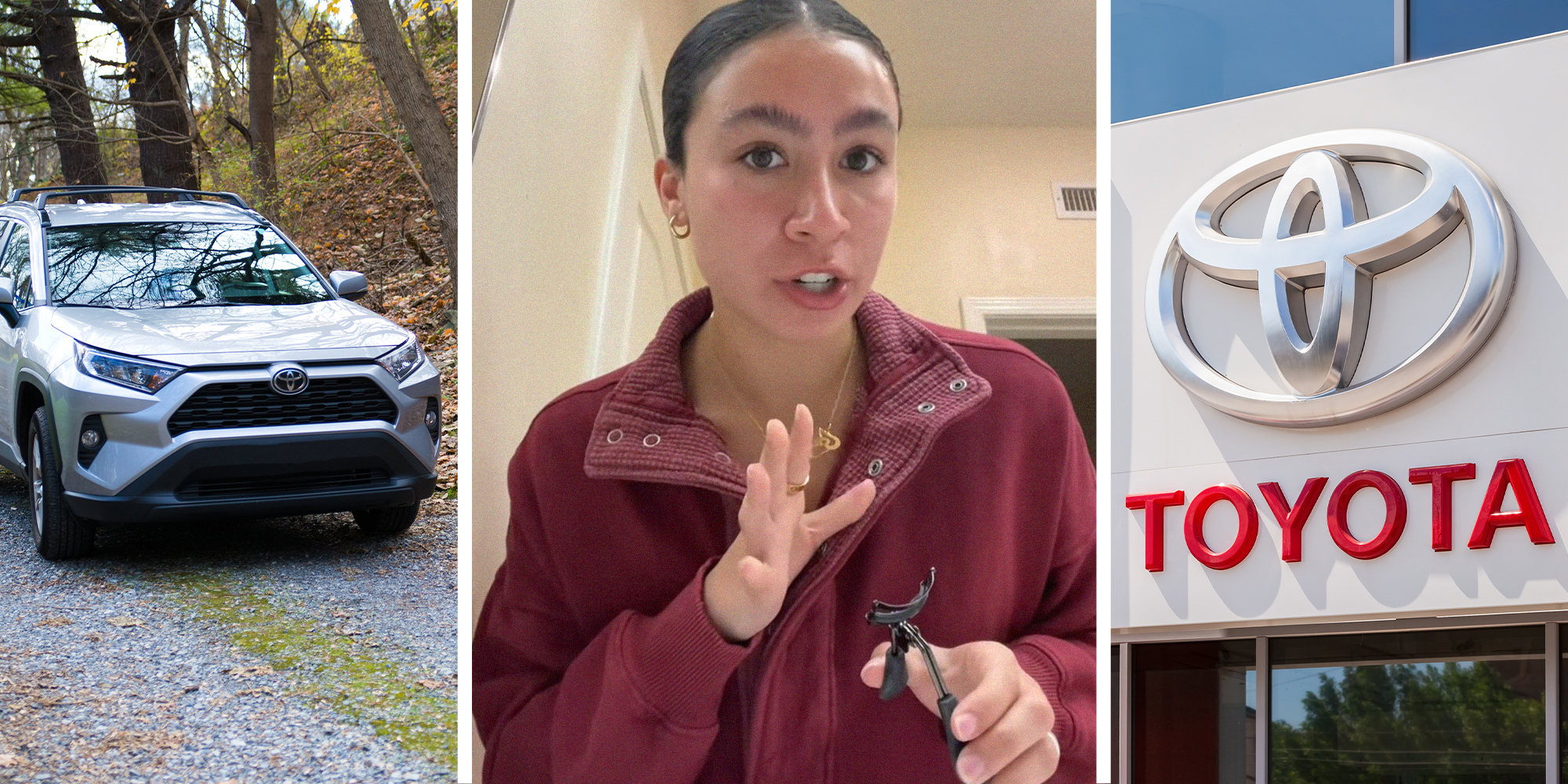 Toyota Rav4 Hybrid(l) Woman asks if she should trade in her vehicle(c) Toyota Dealer Logo on building(r)