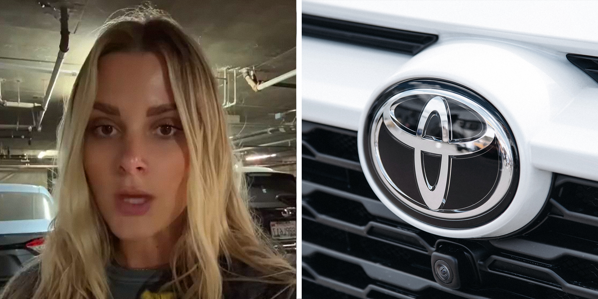 Annoyed looking blonde woman in parking garage on left. Toyota on car on right.