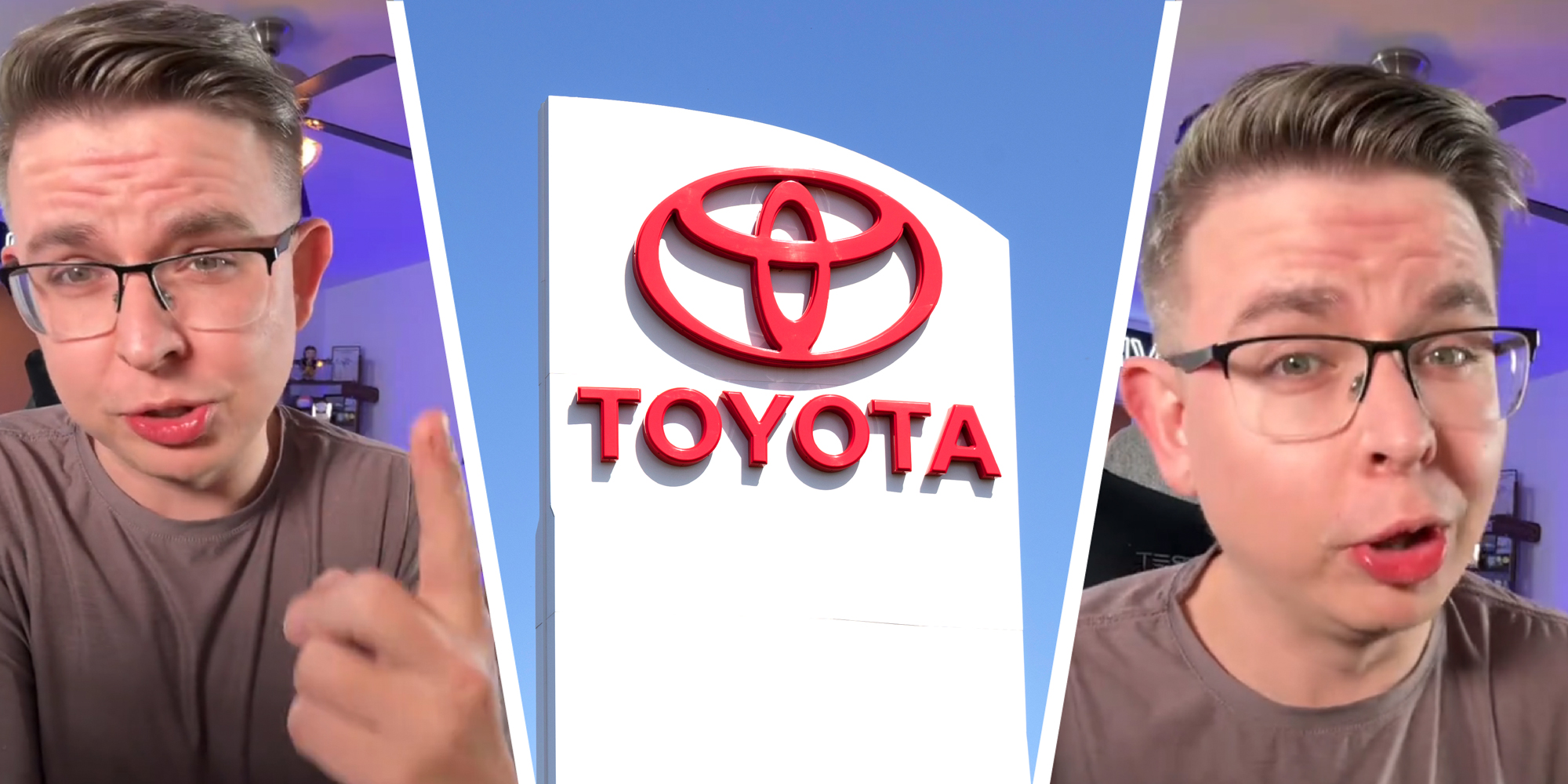 3 panel image of a person explaining and a Toyota car dealership sign.
