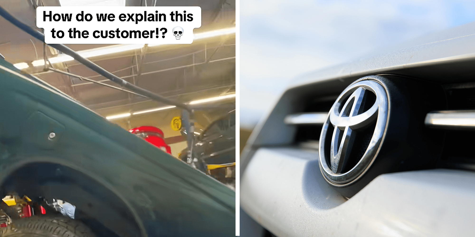 2 image split. Truck totaled with overlaying text that reads: "How do we explain this to the customer!? (skull emoji)" on left. Toyota logo on right.