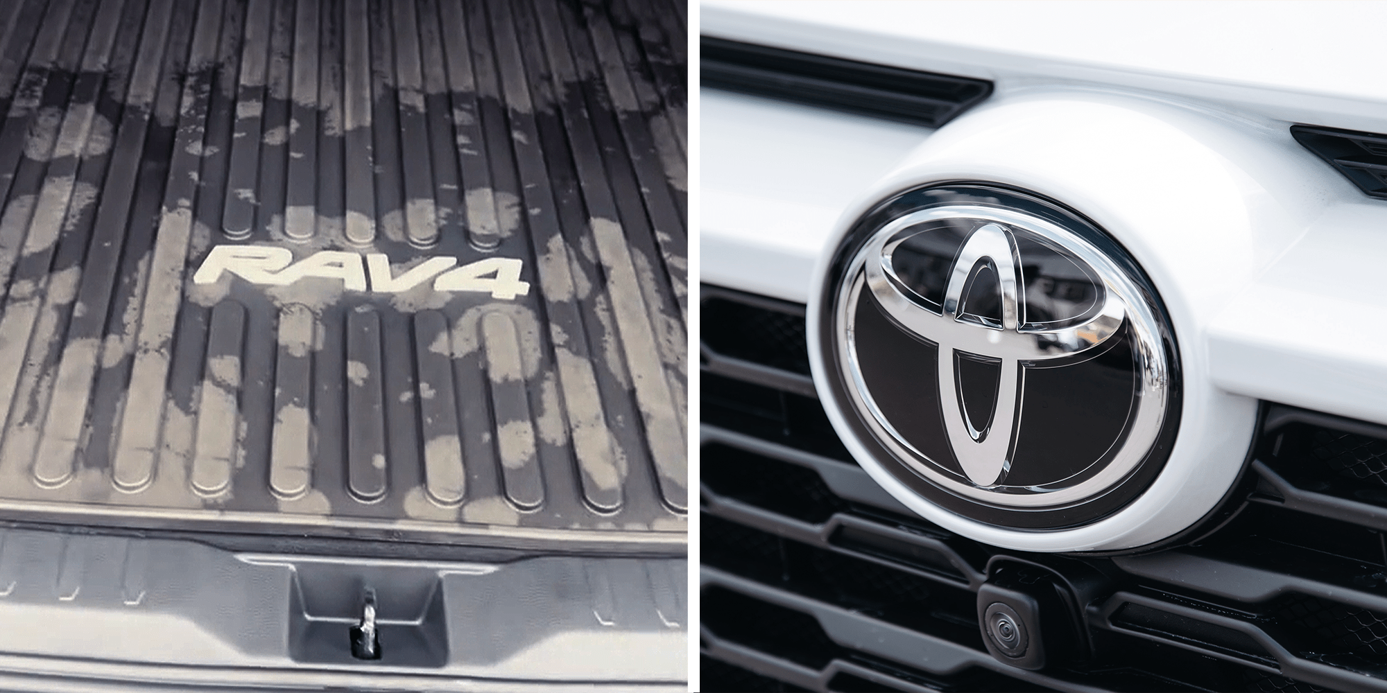 Rav 4 trunk mat in back of car on left. Toyota logo on car on right.