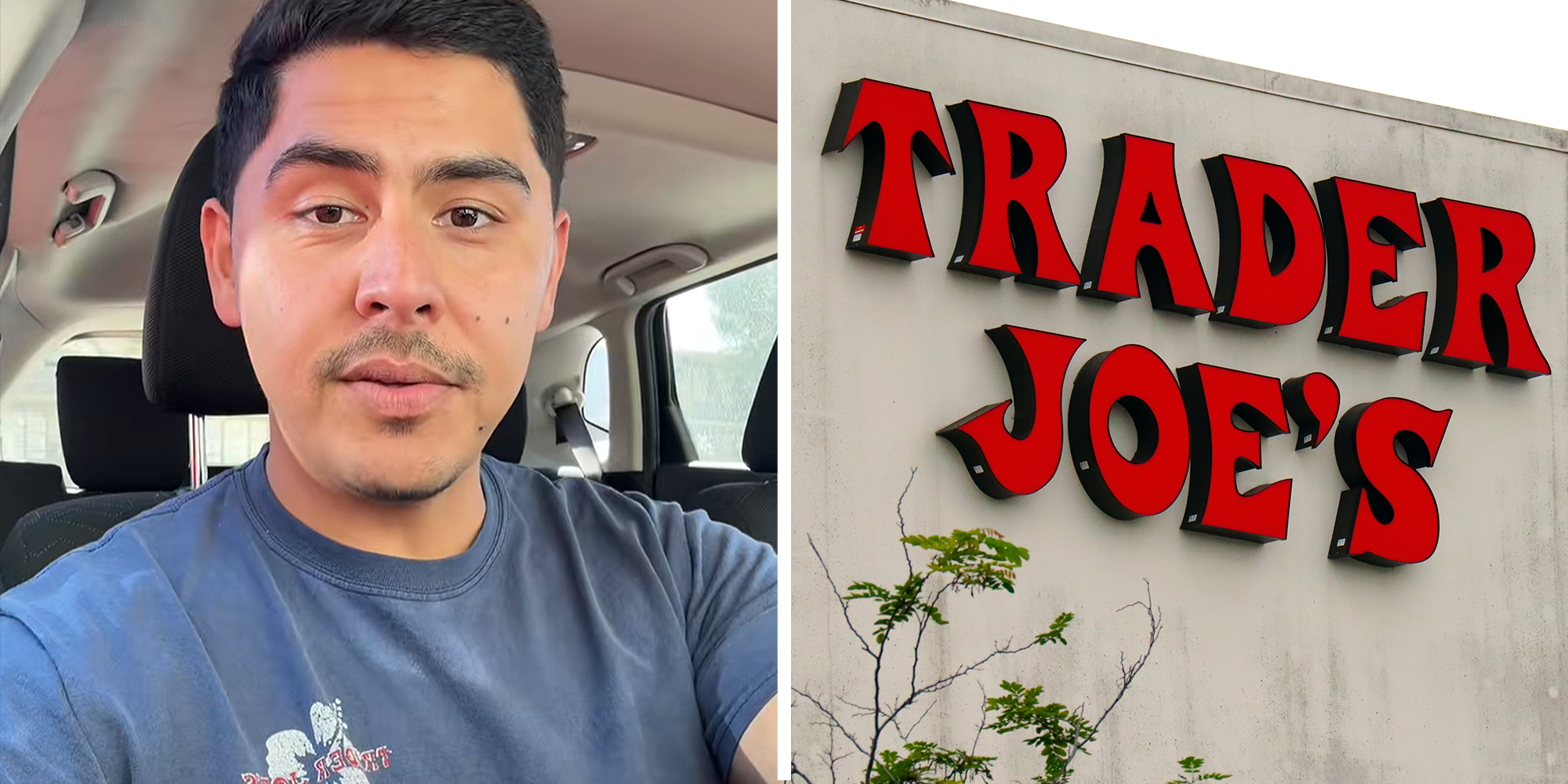 2 image split. Trader Joes employee sitting in car on left. Trader Joes store on right.