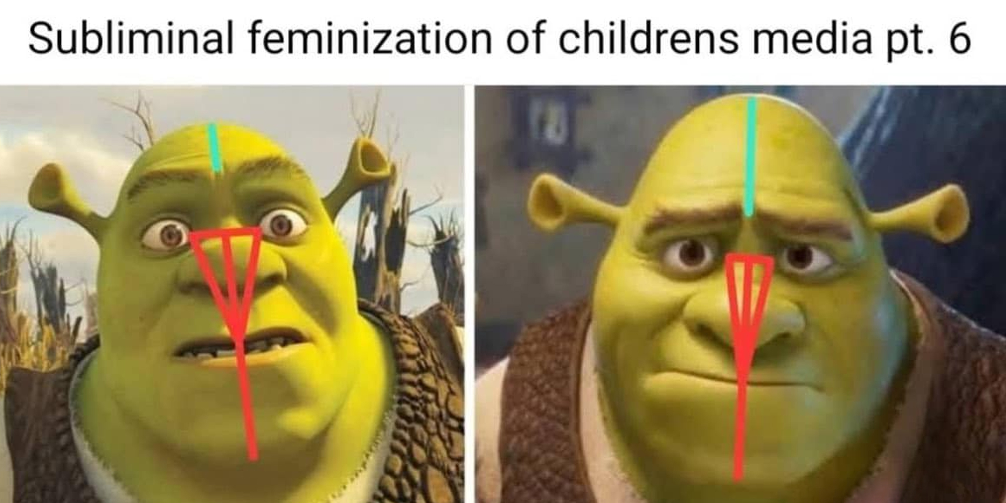 Split of older shrek and new shrek with shapes over their face and text "subliminal feminization of childrens media pt. 6"