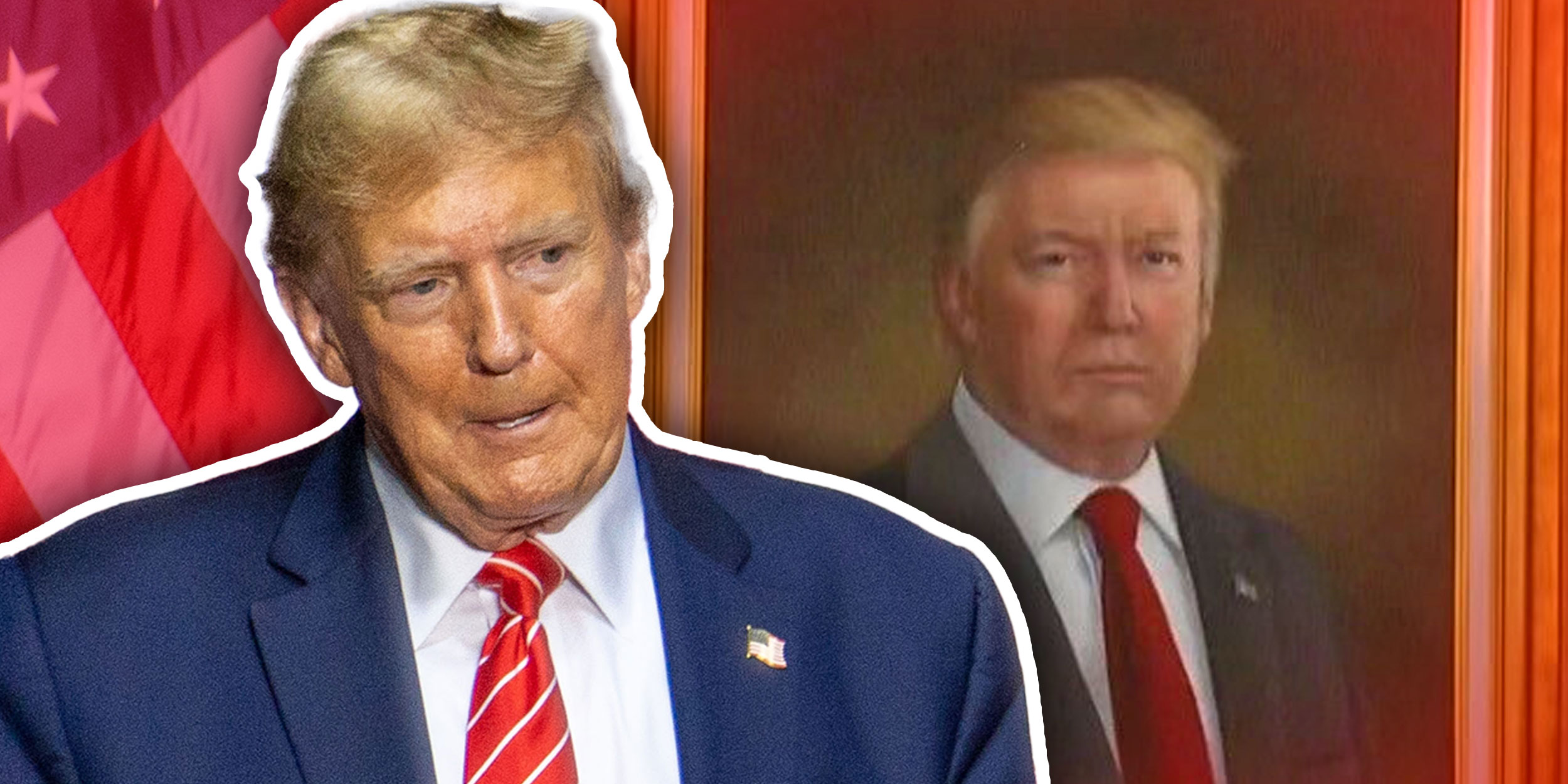 Photo of Donald Trump in front of an American Flag; Photo of a portrait of Donald Trump.