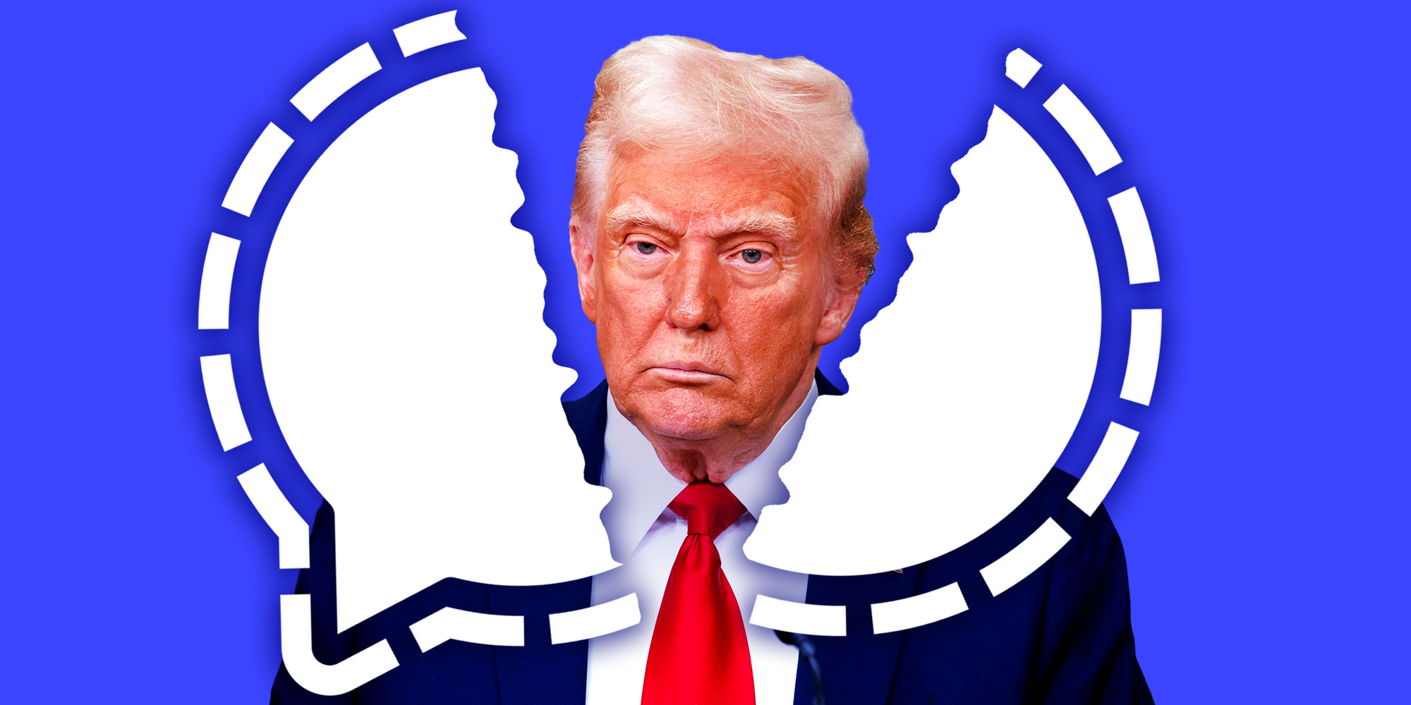 Photo Illustration of Donald Trump between a torn Signal logo.