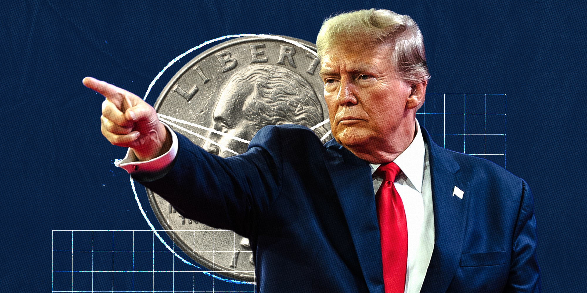 Photocollage of Donald Trump pointing off image, with quarter behind him, and grids around as decorative elements