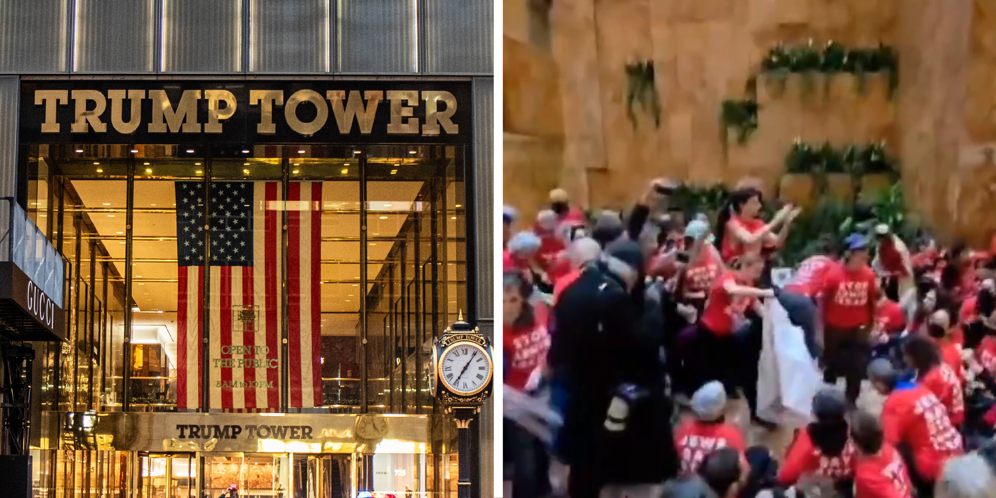 2 panel image showing Trump Tower on the left and protesters in the lobby on the right.