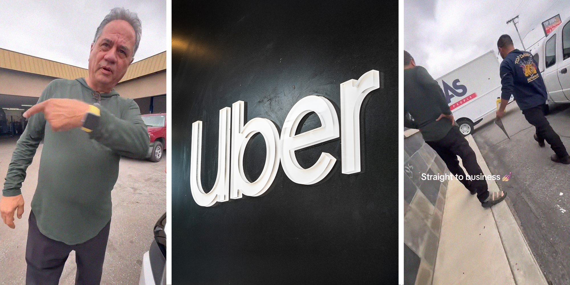 man pointing and saying to move along(l) Uber logo(c) Man and mechanic talking about repairs(r)
