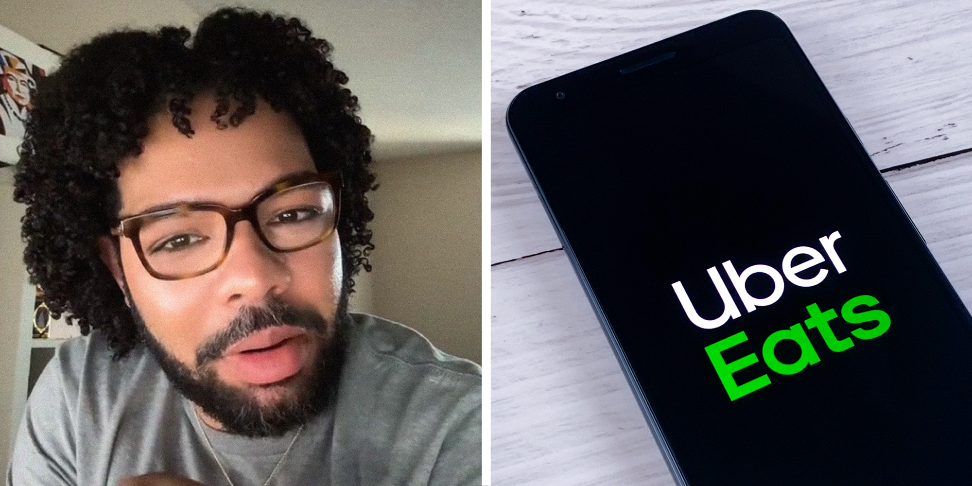 2 panel image: a person explains and the Uber Eats logo on a phone.