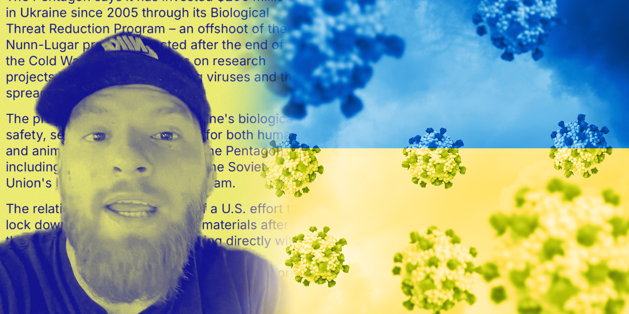 Photo collage, A person explains in front of the Ukrainian flag. Viruses float around.