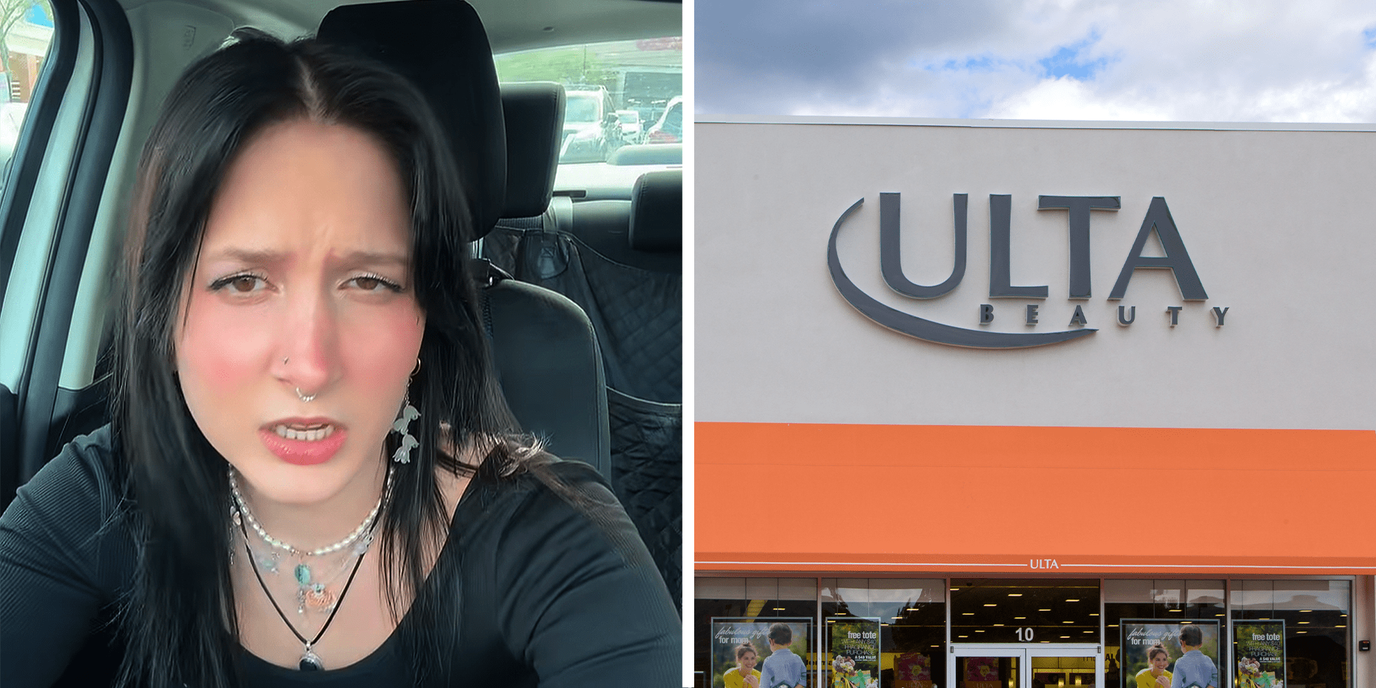 Ulta employee sitting in car on left. Ulta storefront on right.