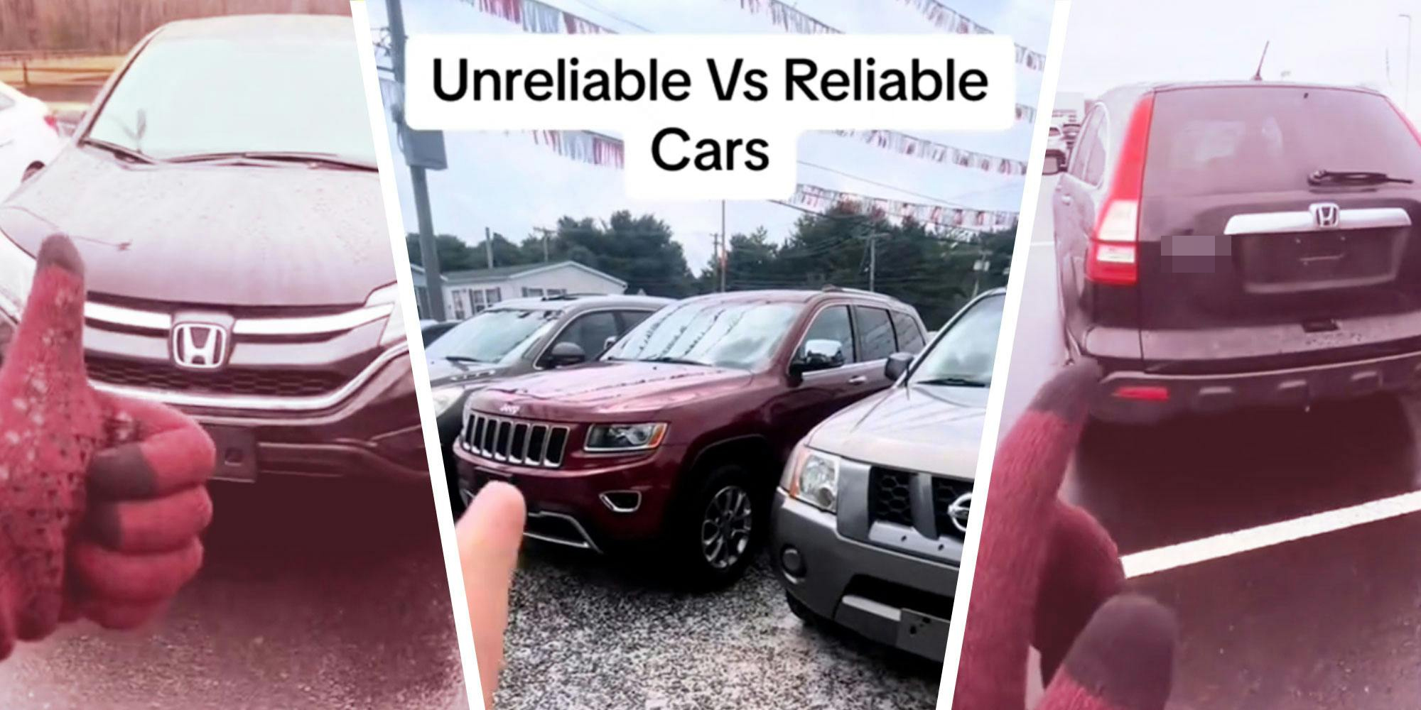 Screenshots of Tiktok user @rudycars2 pointing at various cars; Caption: "Unreliable Vs Reliable Cars"