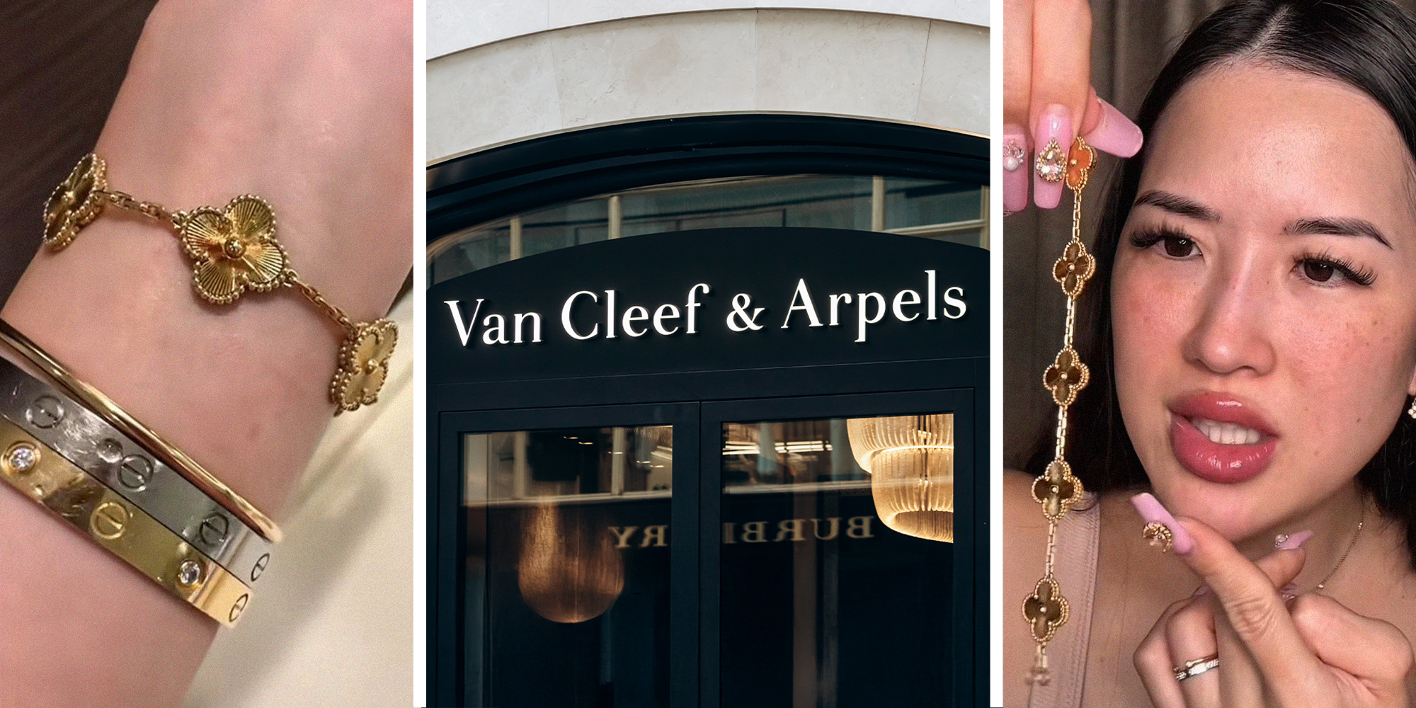 woman showing her van cleef bracelet(l) Van Cleef and Arpels Store(c) Woman pointing at her bracelet in disappointment(r)