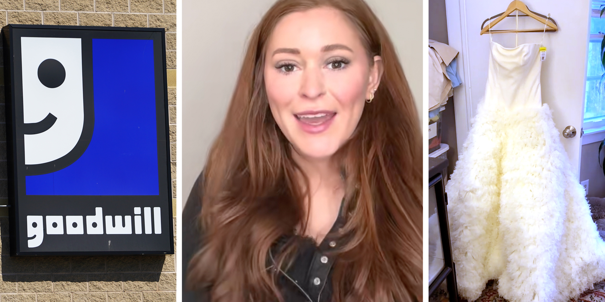 Goodwill sign(l), Woman talking(c), Vera Wang wedding dress(r)