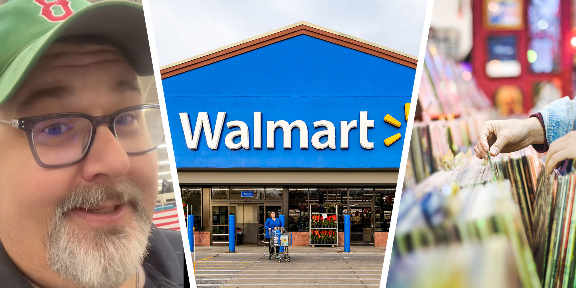 Screenshot of Tiktok user @unclejeffsrecords; Photo of a Walmart exterior; Photo of a woman looking through vinyl records