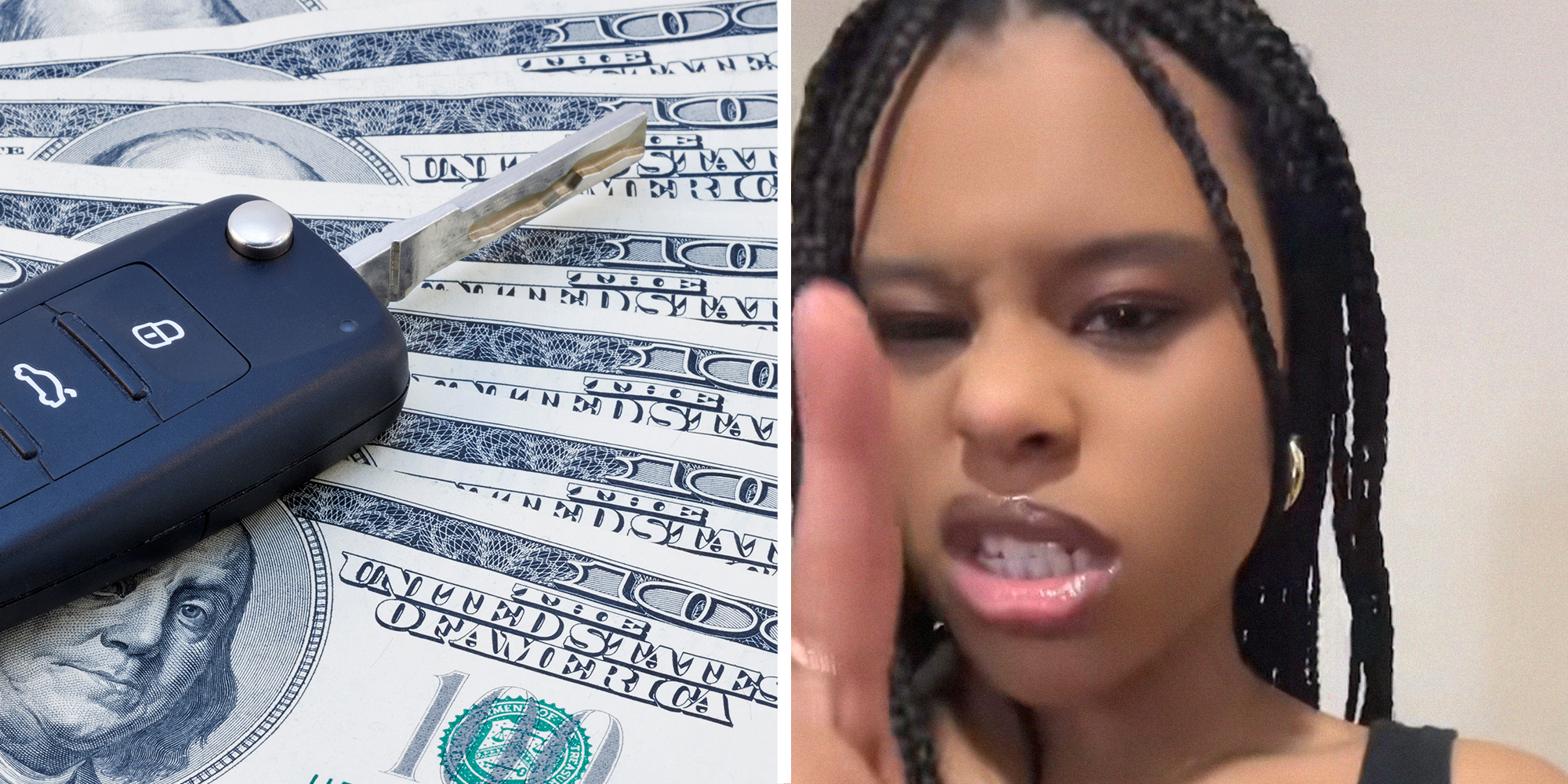 key on top of money(l) Woman sharing experience of buying a vehicle(r)