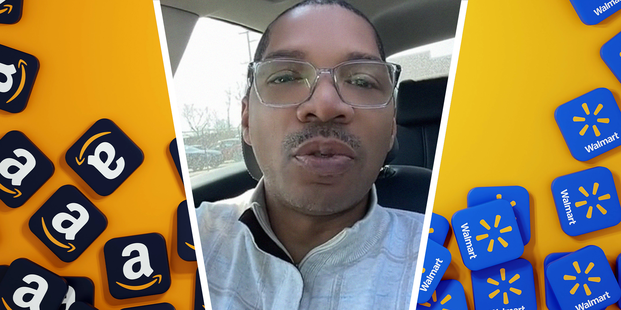 Amazon Icons in orange background(l) Man shares information about walmart and amazon(c) Walmart Icons with yellow background(r)