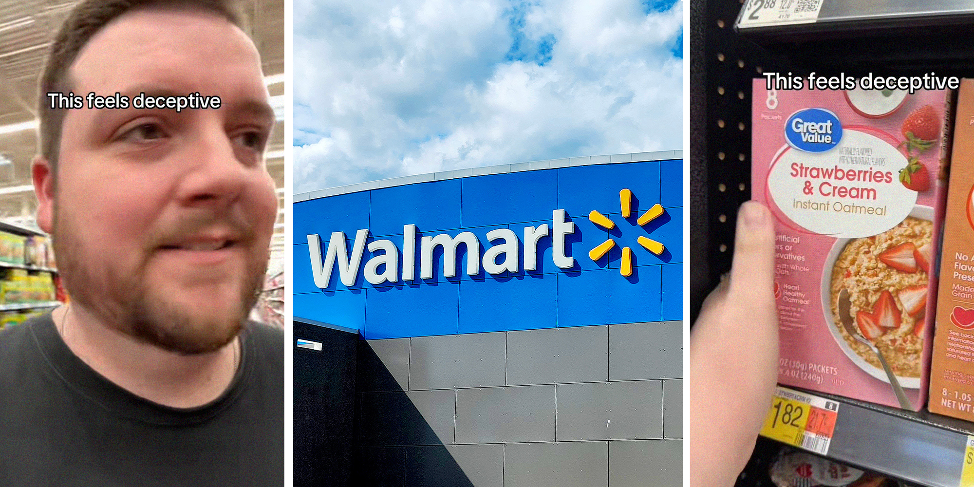 Man inside of walmart store(l) Walmart Store Front(c) Great Value strawberries and cream(r)