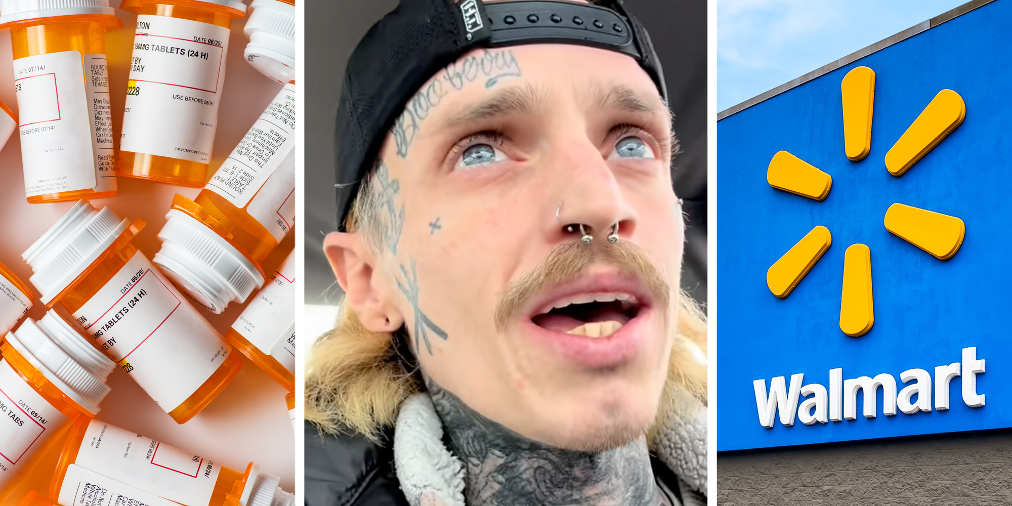 Prescription bottles(l), Man talking(c), WAlmart sign(r)