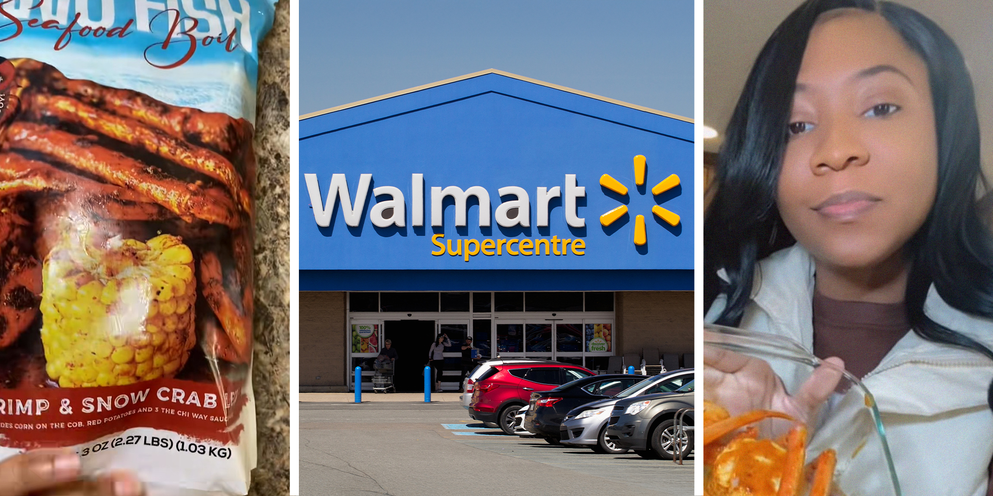 Seafood boil from walmart(l) Walmart Store Front(c) Woman shares seafood boil she made(r)