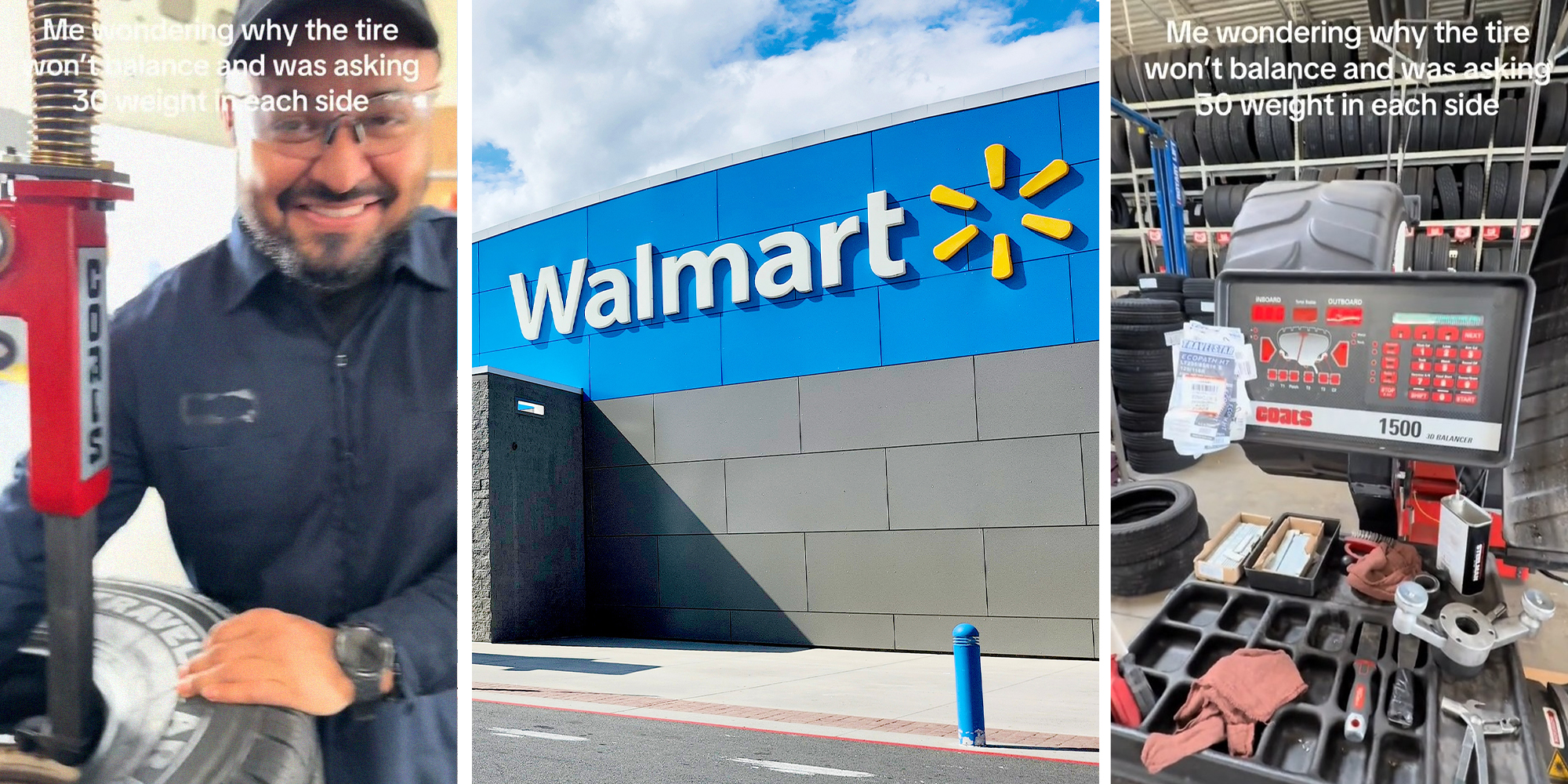 mechanic removing rim from tires(l) Walmart Store Front(c) Tire Balancing Machine(r)