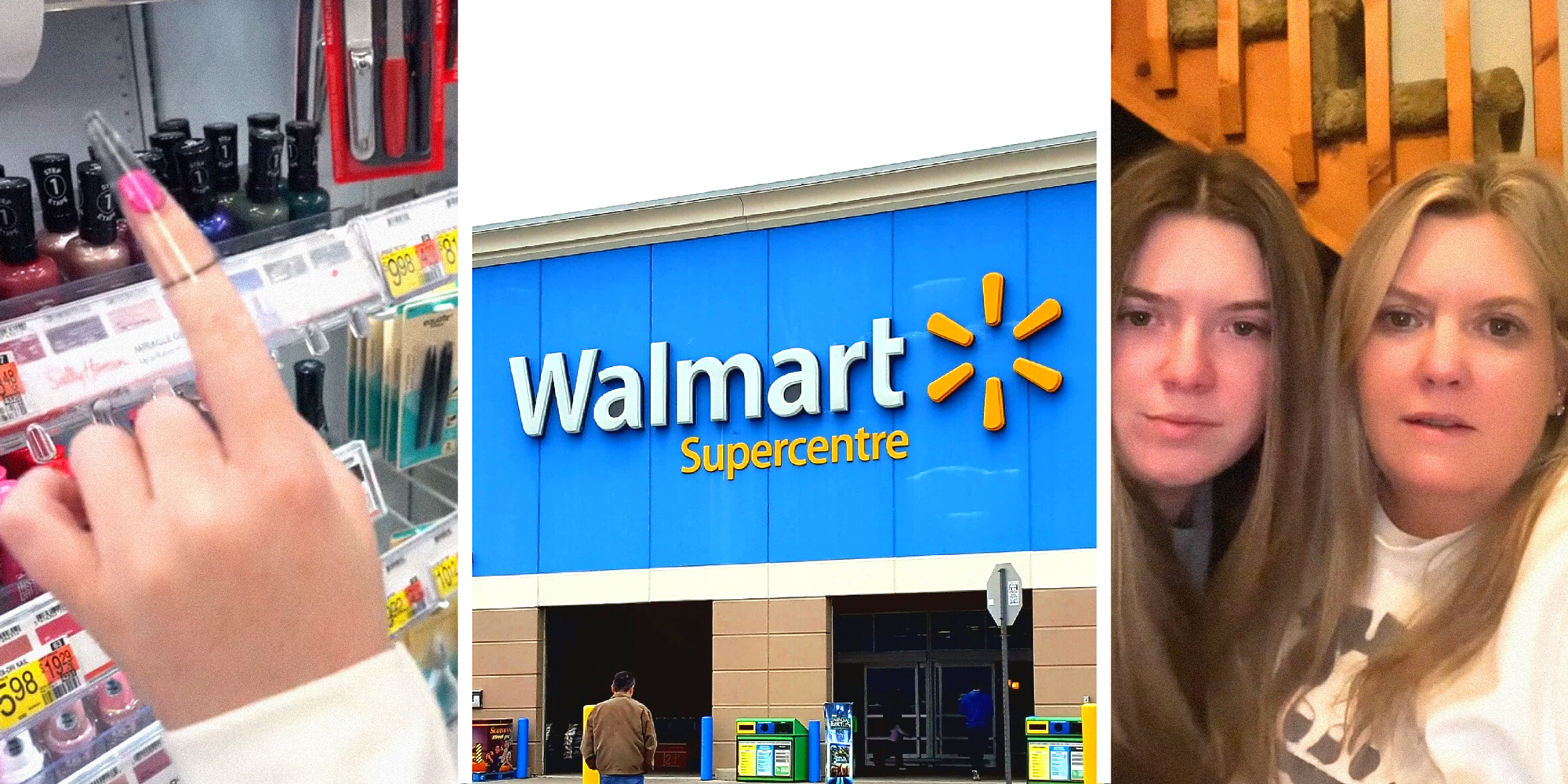 3 panel image: on the left a person holds up their hand with painted finger nails, in the middle is the exterior of a Walmart Store, and on the right two people explain.