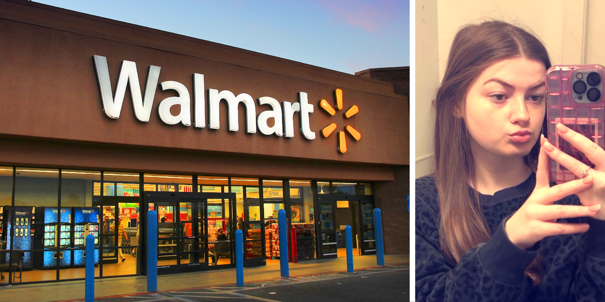 2 panel image: on the left is a Walmart store and on the right a person takes a selfie.
