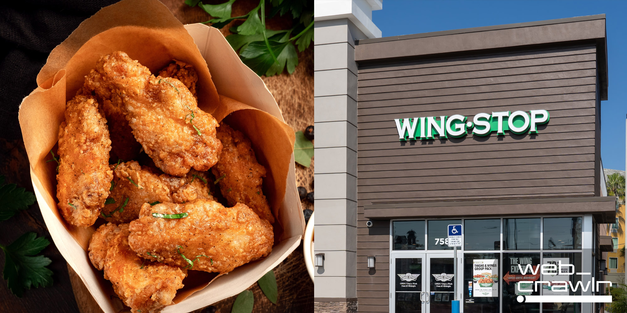 A basket of wings and a Wingstop location. The Daily Dot newsletter web_crawlr logo is in the bottom right corner.