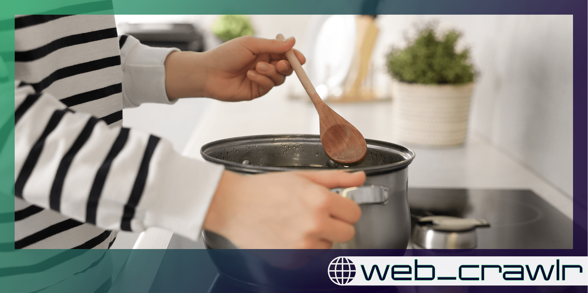A person holding a wooden spoon over a pot. The Daily Dot newsletter web_crawlr logo is in the bottom right corner.