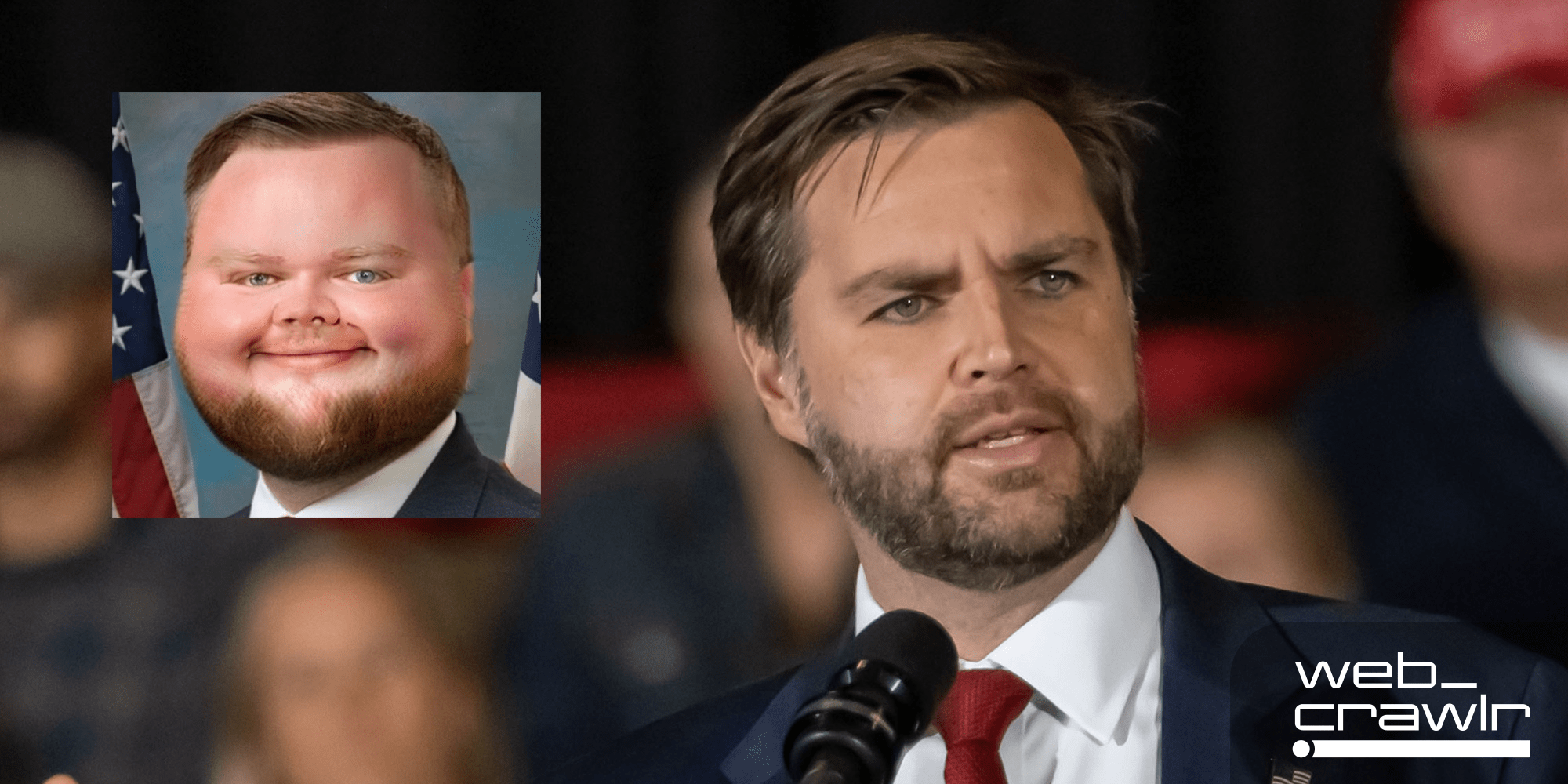 JD Vance next to a meme of him with a baby face. The Daily Dot newsletter web_crawlr logo is in the bottom right corner.