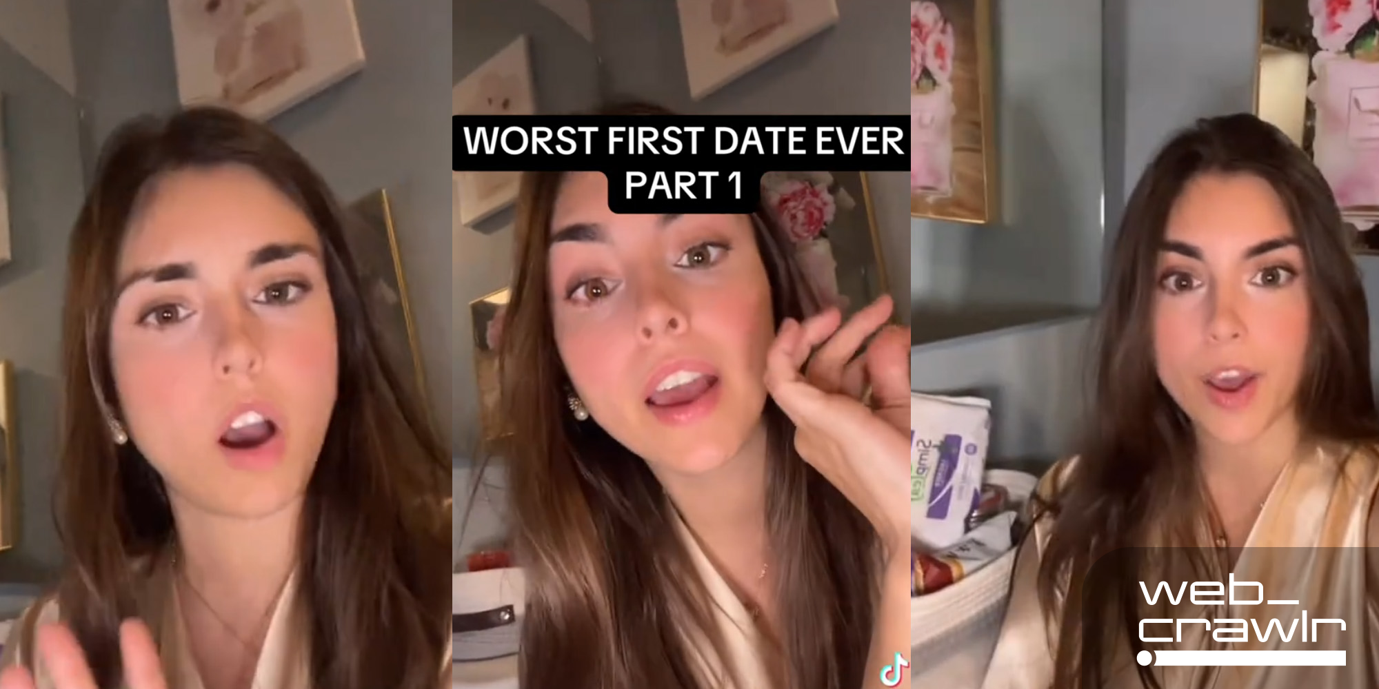 Three screenshots of a woman talking to the camera. There is text that says 'Worst First Date Ever." The Daily Dot newsletter web_crawlr logo is in the bottom right corner.
